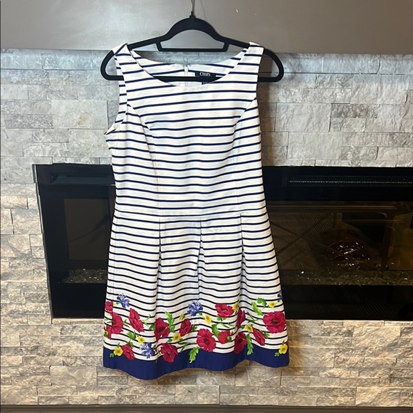 Chaps Navy and White striped A-Line floral Dress size 12 - Picture 1 of 10